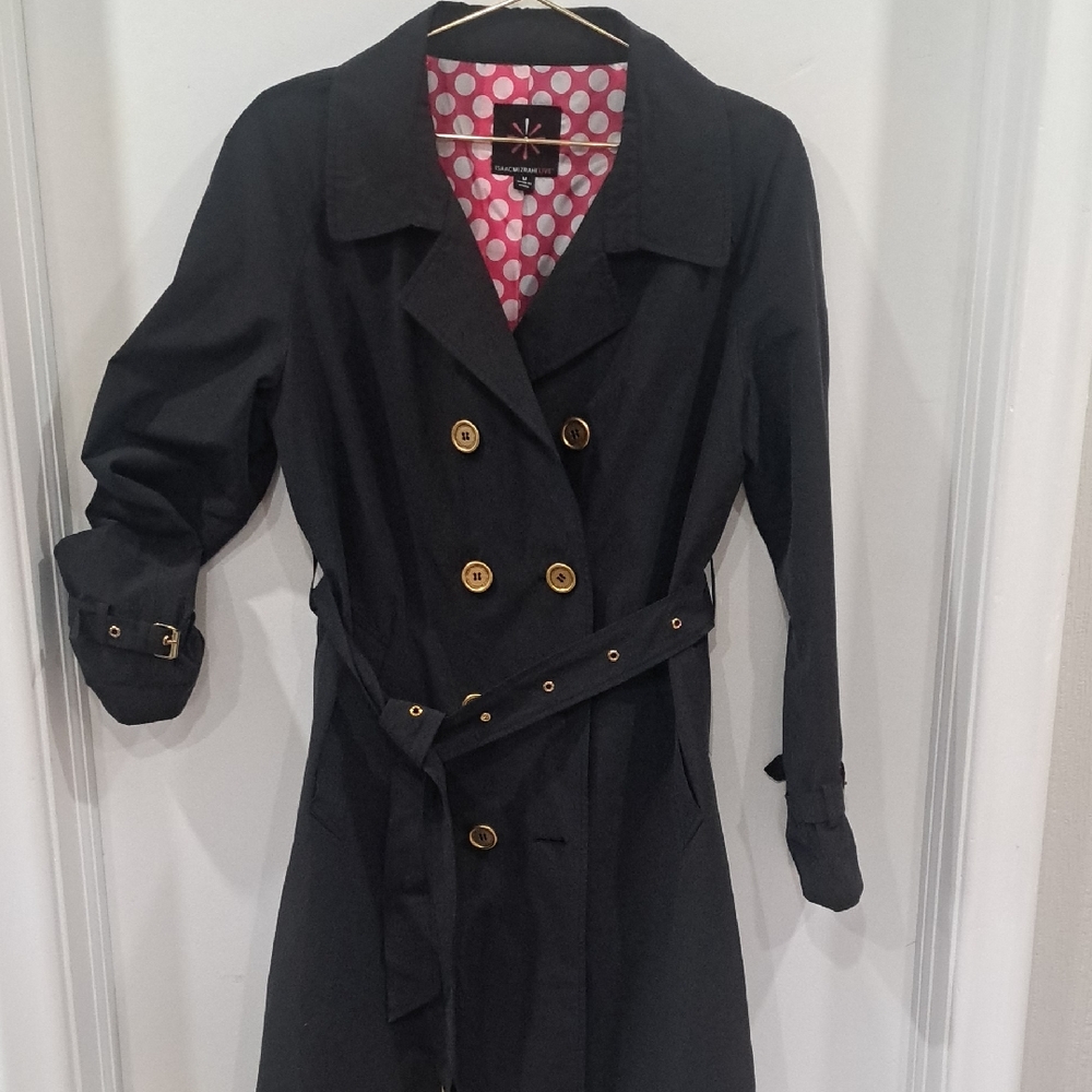 Isaac Mizrahi Live Black Trench Coat with Polka Dot Lining